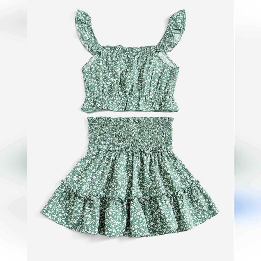 💚5/$25 Ditsy Floral Smocked Two-Piece Set Skirt & Matching Crop Top Size 14 XXL